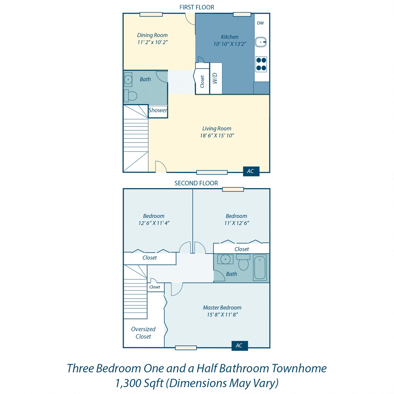 Floor plan for 3 beds, 2 baths, 1304 sqft